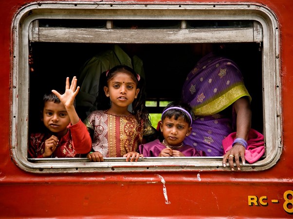 Children on train in Sri Lanka